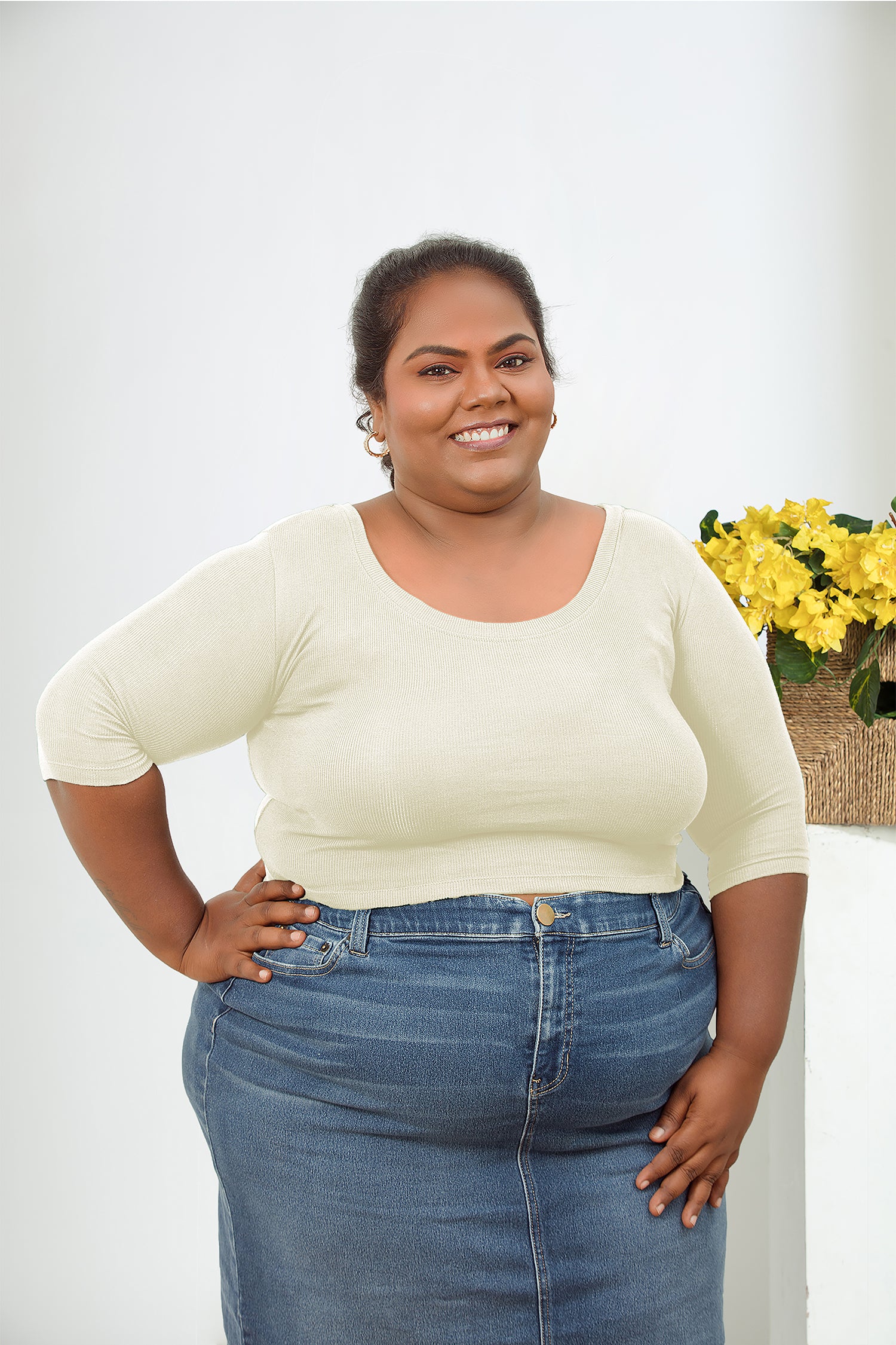 Crop Tops - Elbow Sleeves & U-Neck - Mid to Plus sizes