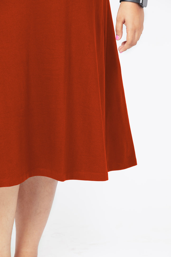 Flattering Elbow Sleeved A-Line Dress for Women - Rust