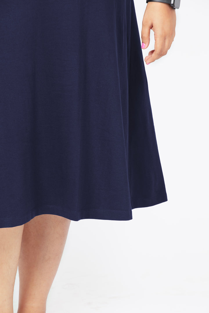 Flattering Elbow Sleeved A-Line Dress for Women - Navy Blue