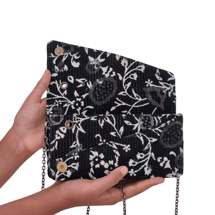 Floral Hand block & Kantha worked Fabric Clutch