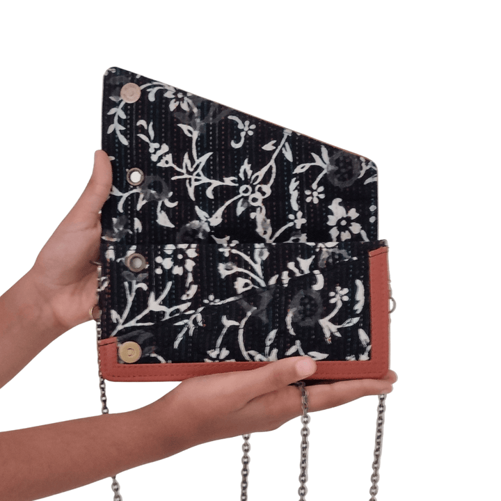 Floral Hand block Fabric Clutch with Kantha work