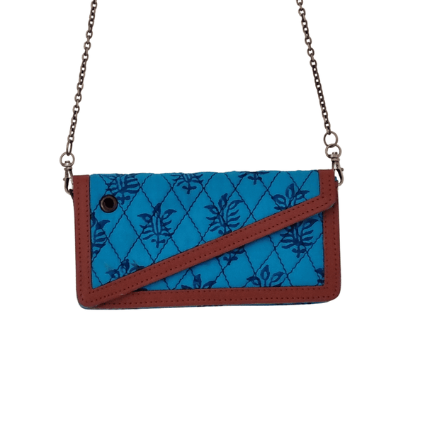 Blue Cotton Fabric clutches with Floral prints and leather border