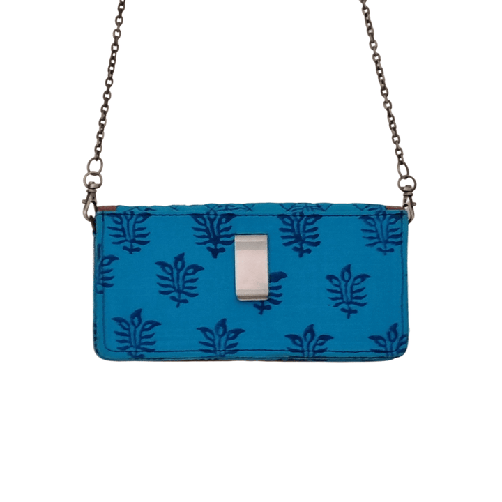 Blue Cotton Fabric clutches with Floral prints and leather border