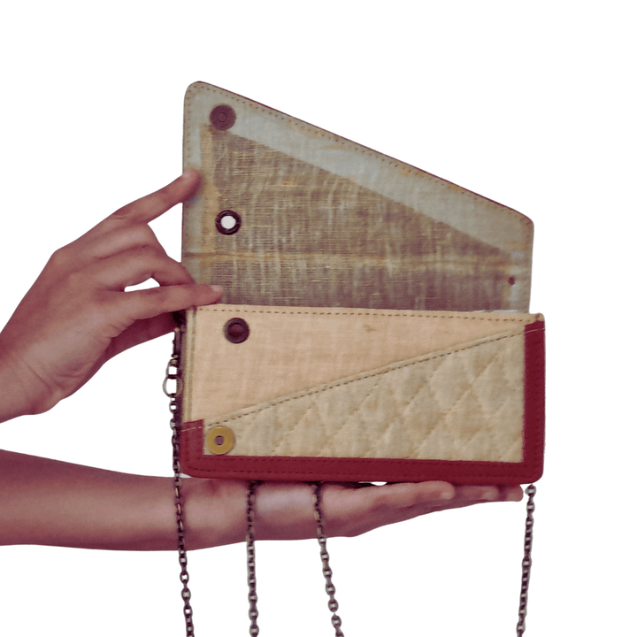 Plain Silk textured fabric clutch with leather border