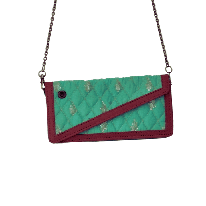 Booti prints on Chanderi fabric clutch with leather border