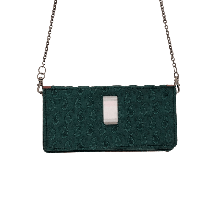 Dark green Jacquard printed fabric clutch with leather border
