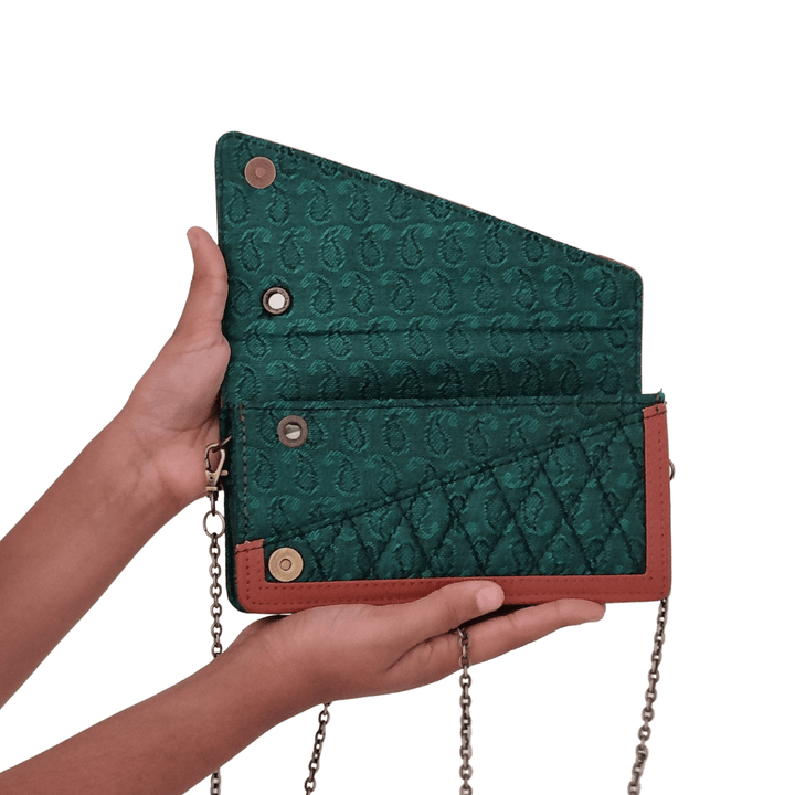 Dark green Jacquard printed fabric clutch with leather border