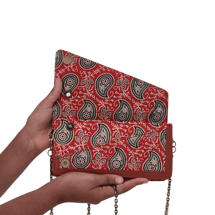 Paisley Hand Blocked Cotton Fabric clutch with leather border