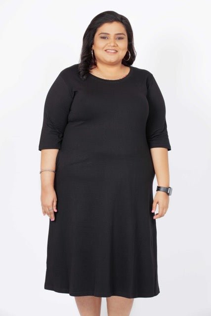 Flattering Elbow Sleeved A-Line Dress for Women - Black